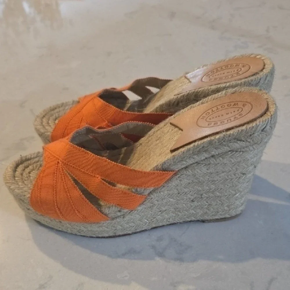 Stubbs & Wootton Orange Grosgrain Espadrille Wedge Sandals Palm Beach Slides